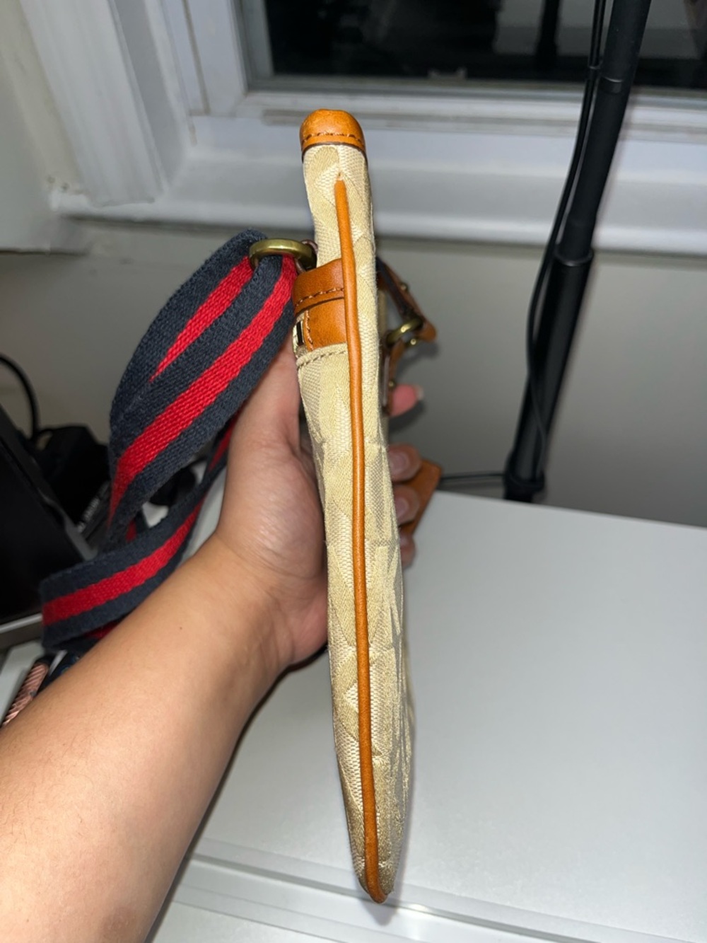 Michael Kors Beige MK Monogram Crossbody with Brown Trim and Black-Red Strap - Picture 5 of 9